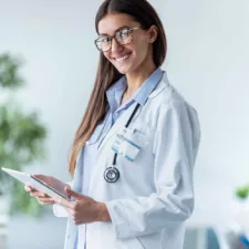 pretty young female doctor wearing glasses looking at patients chart
