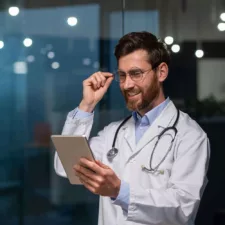 a male doctor intern is standing in an office with glasses